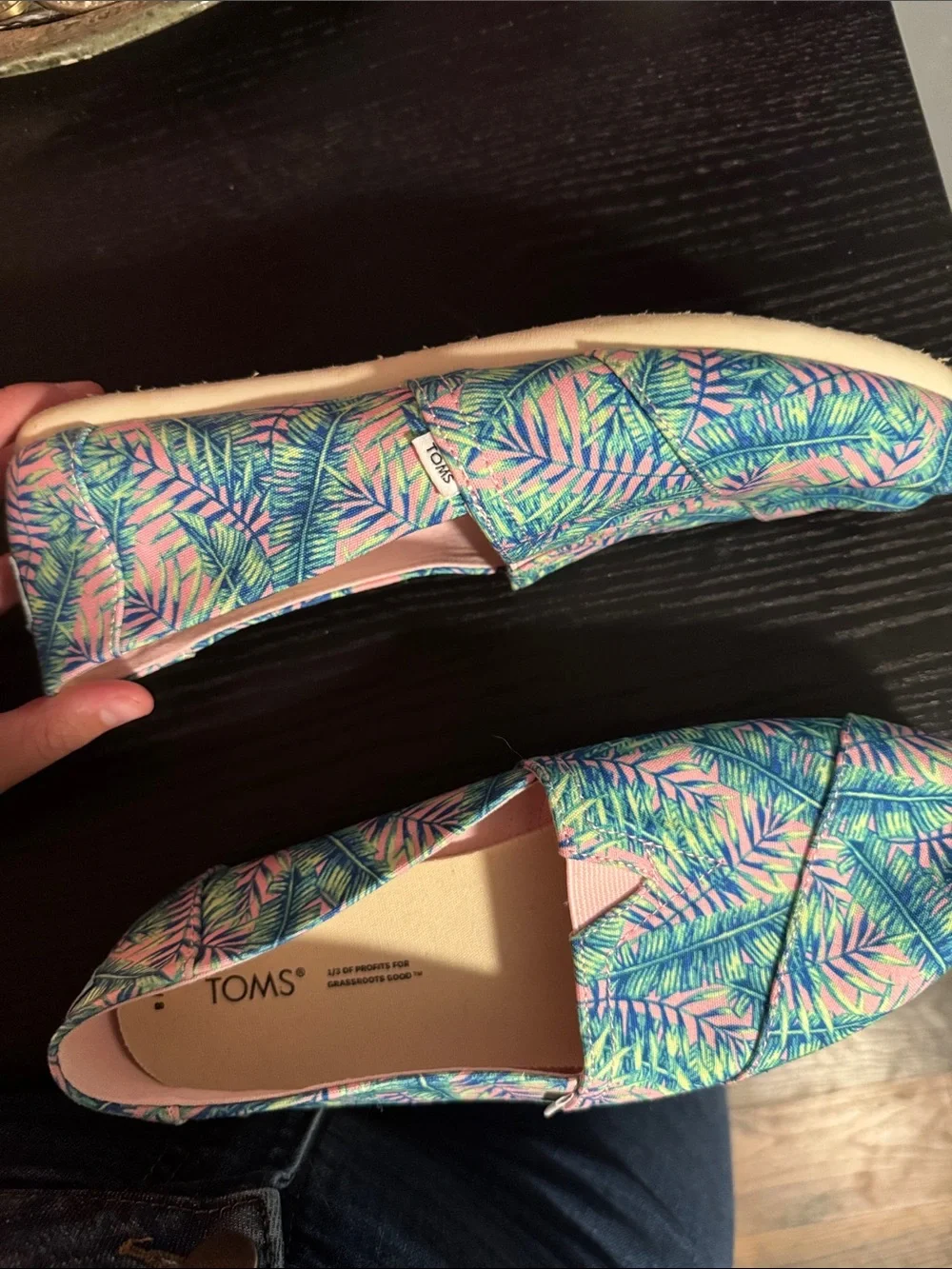 TOMS Tropical Leaf Canvas Slip-Ons in Pink and Blue - Picture 3 of 5